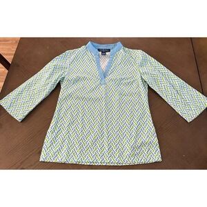 Cape Madras Cotton Blue & Green‎ 3/4 Sleeve Tunic Top XS Beach Cruise wear